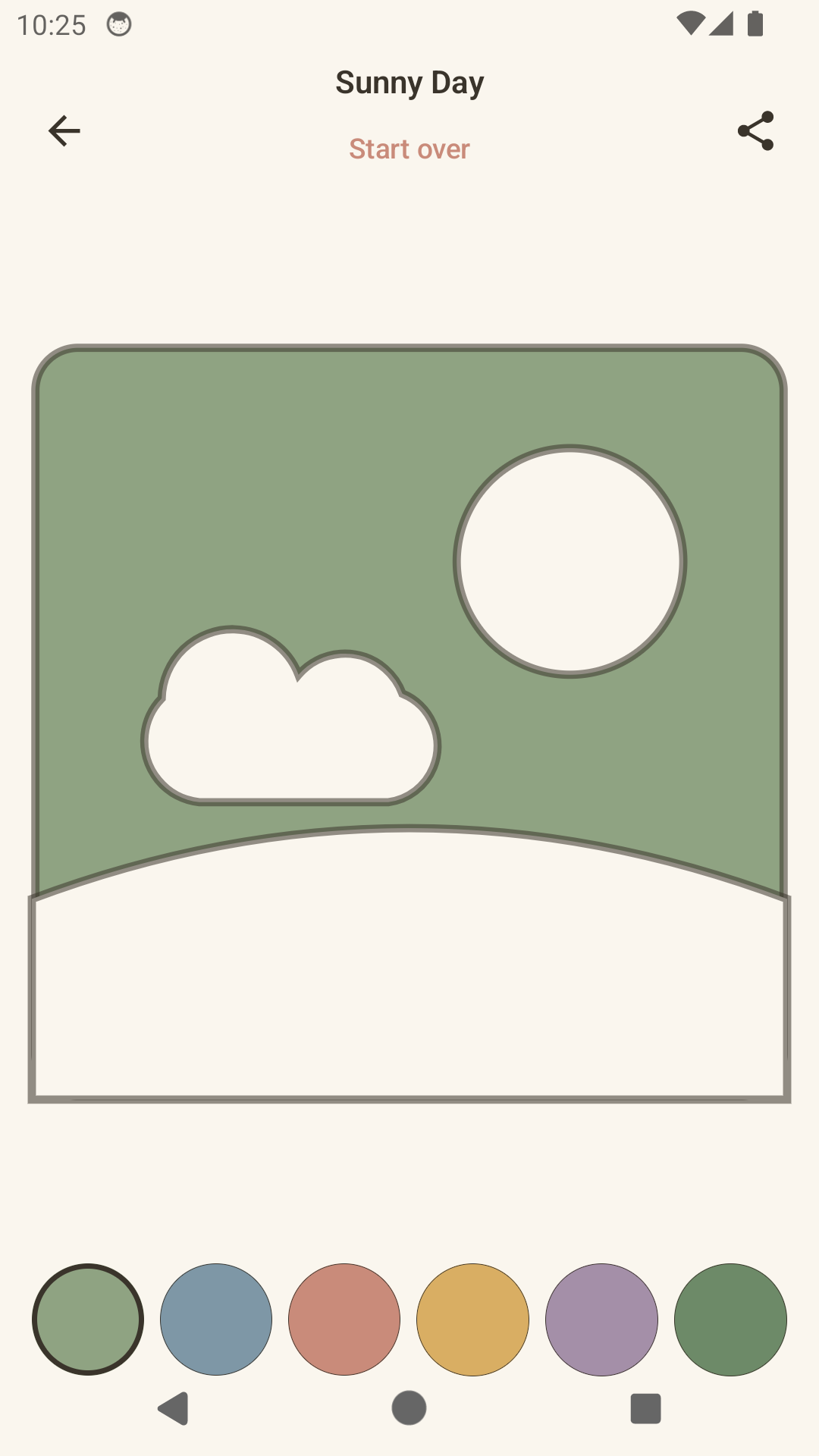 Sunny Day template mid-coloring — sky filled sage green, sun and cloud still blank, six-swatch palette below