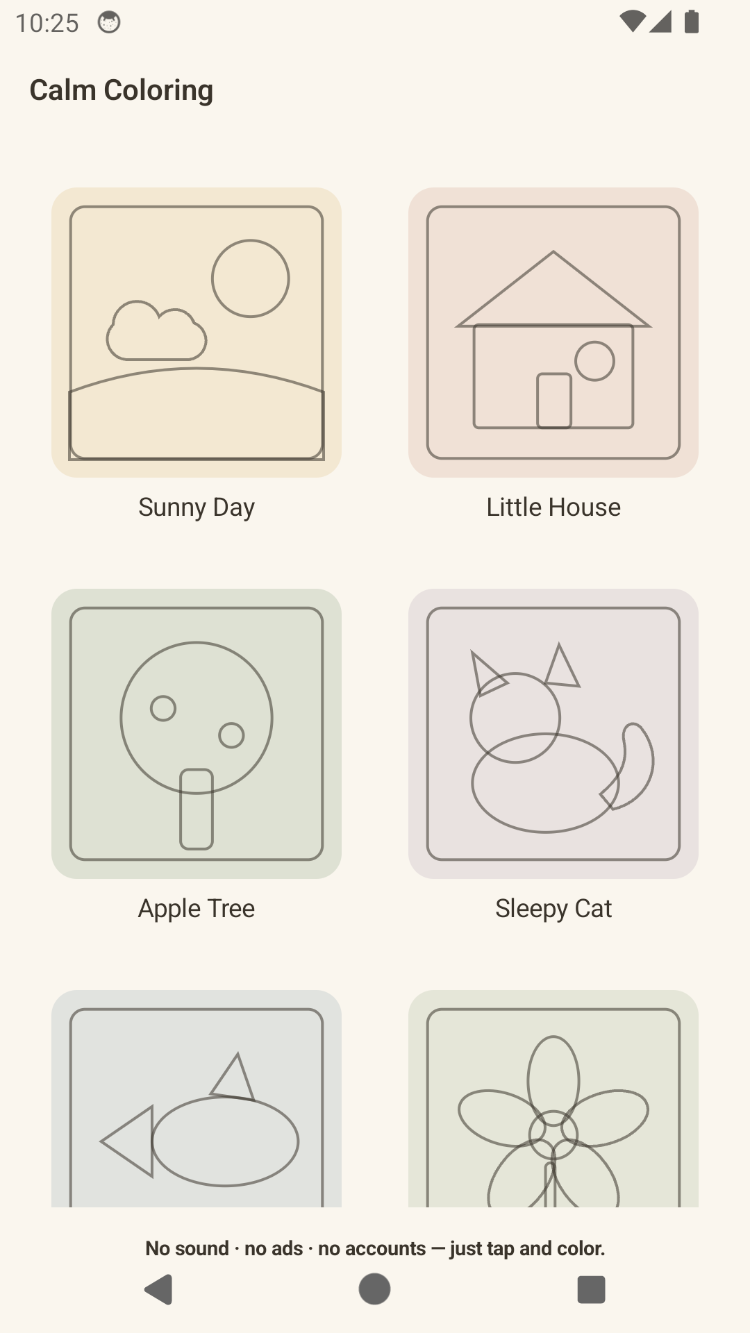Template gallery — six calm, outline-art template cards on a muted background